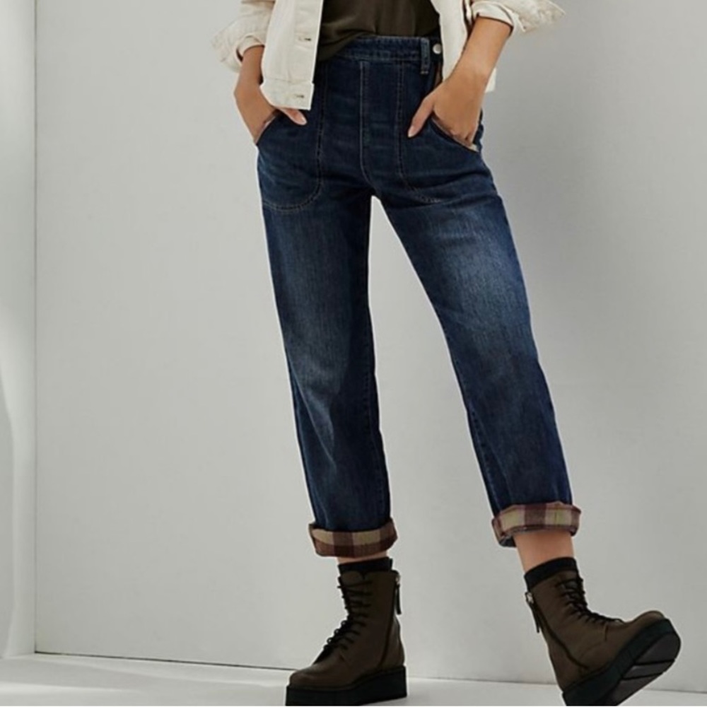 Anthropologie Pilcro Ultra High-Rise Plaid-Trimmed Boyfriend Jeans Size 28 EUC